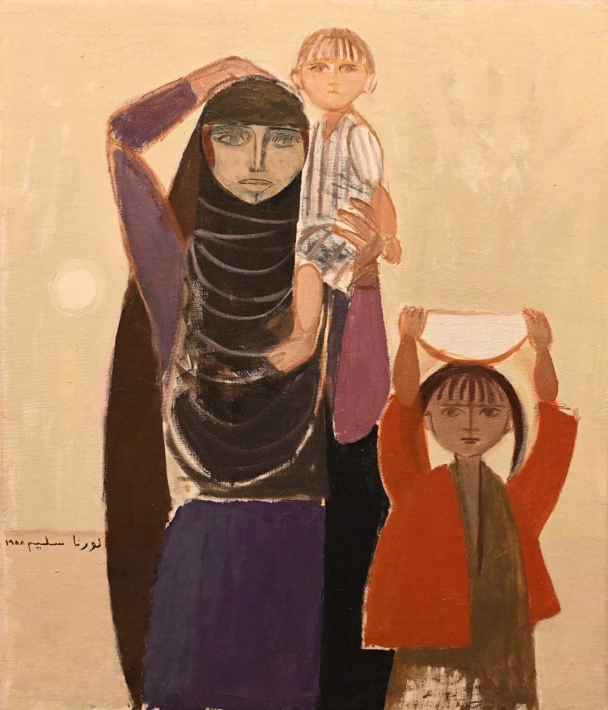 painting of a muslim woman wearing a hijab with one child on her shoulder and another beside her