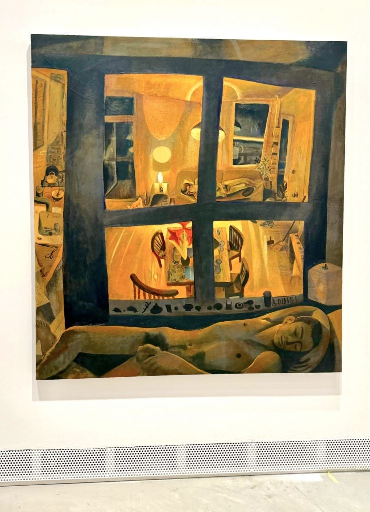 A painting of a man sleeping naked outside of a window looking in on an apartment where another man sleeps