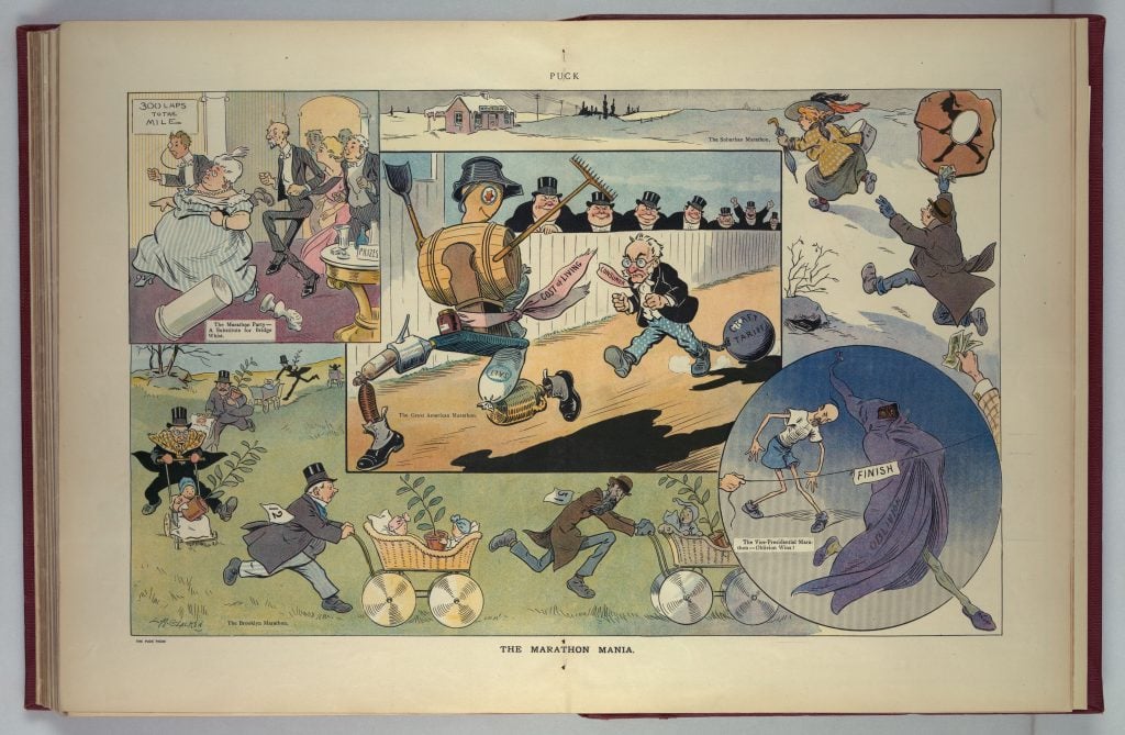 A multi-panel political cartoon by Louis M. Glackens, depicting various old people running away with baby prams and waving money. One of them has his ankles chained to a ball that reads 