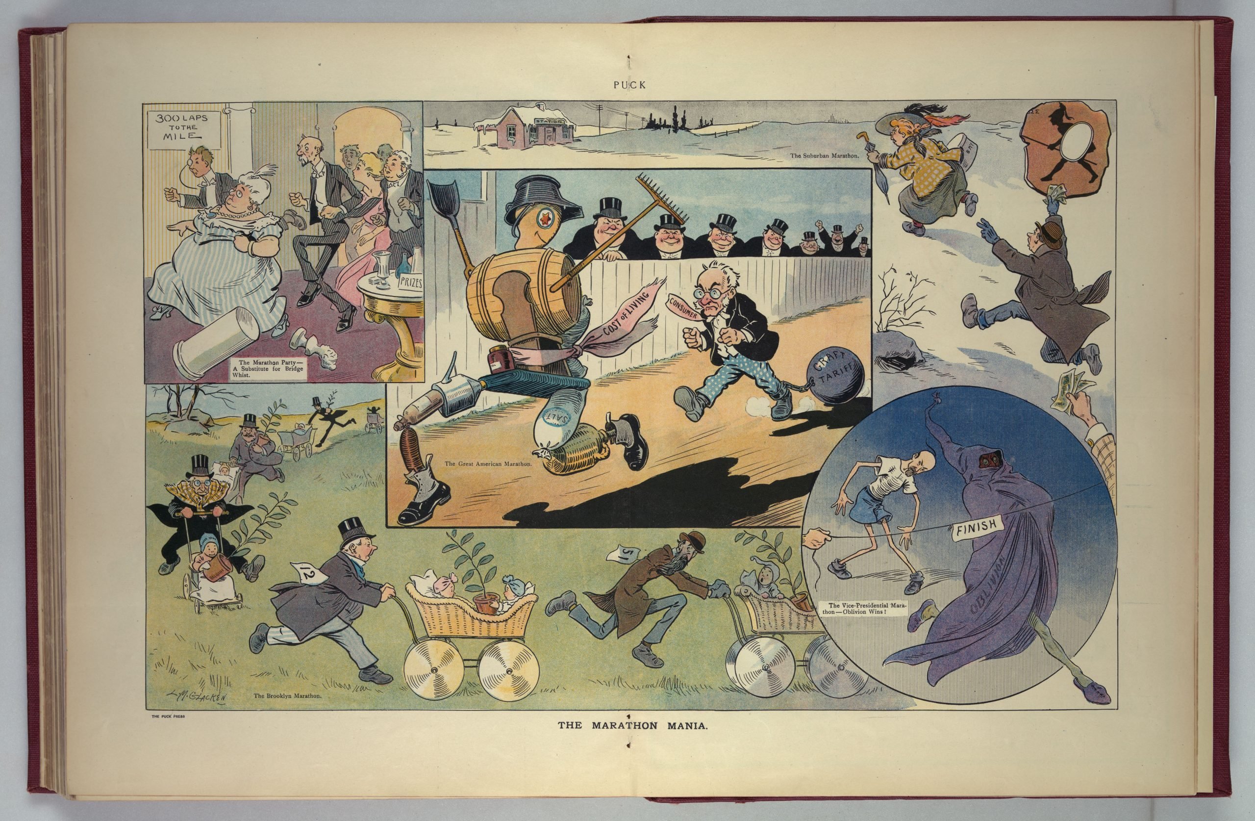 A multi-panel political cartoon by Louis M. Glackens, depicting various old people running away with baby prams and waving money. One of them has his ankles chained to a ball that reads "Graft Tariff."