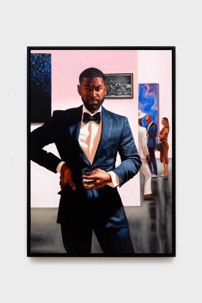 A painting of a black man in a black suit with a bowtie looking at the viewer in the space of a gallery with paintings on all sides. Implies the figure is looking at artwork but the artwork is the frame into the viewers world.