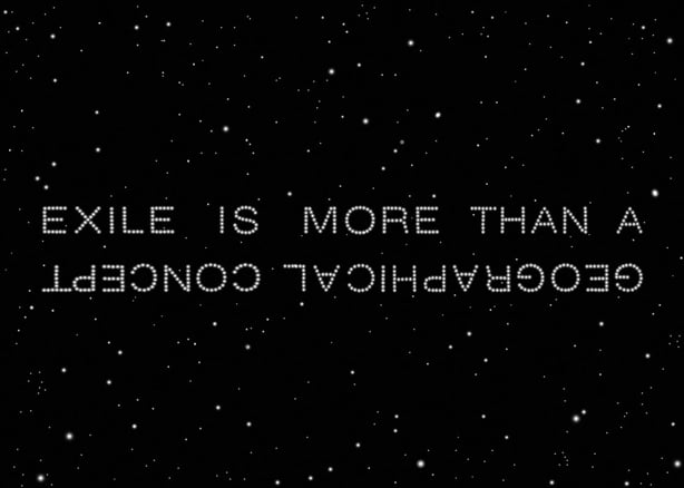 A black field with small white dots like stars and the title of the work written in the star-like text across the center, one of the liaison's picks.