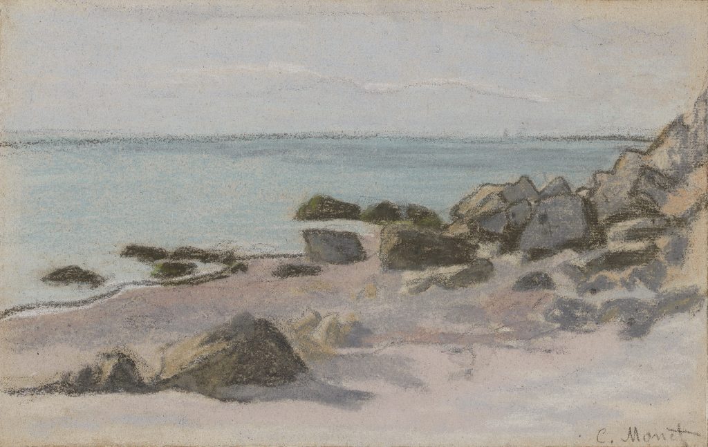 This is a pastel drawing by Claude Monet showing a serene coastal scene with a pale blue sea, a sandy beach, and rugged rocks. The sky is lightly sketched with hints of clouds.