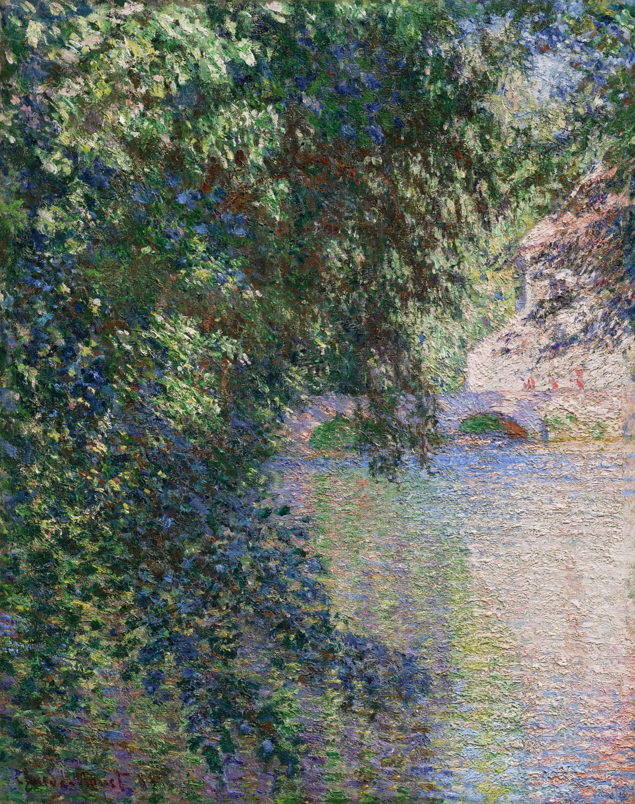 Artist Claude Monet's Impressionist painting depicting a mill framed by a crowd of leaves.