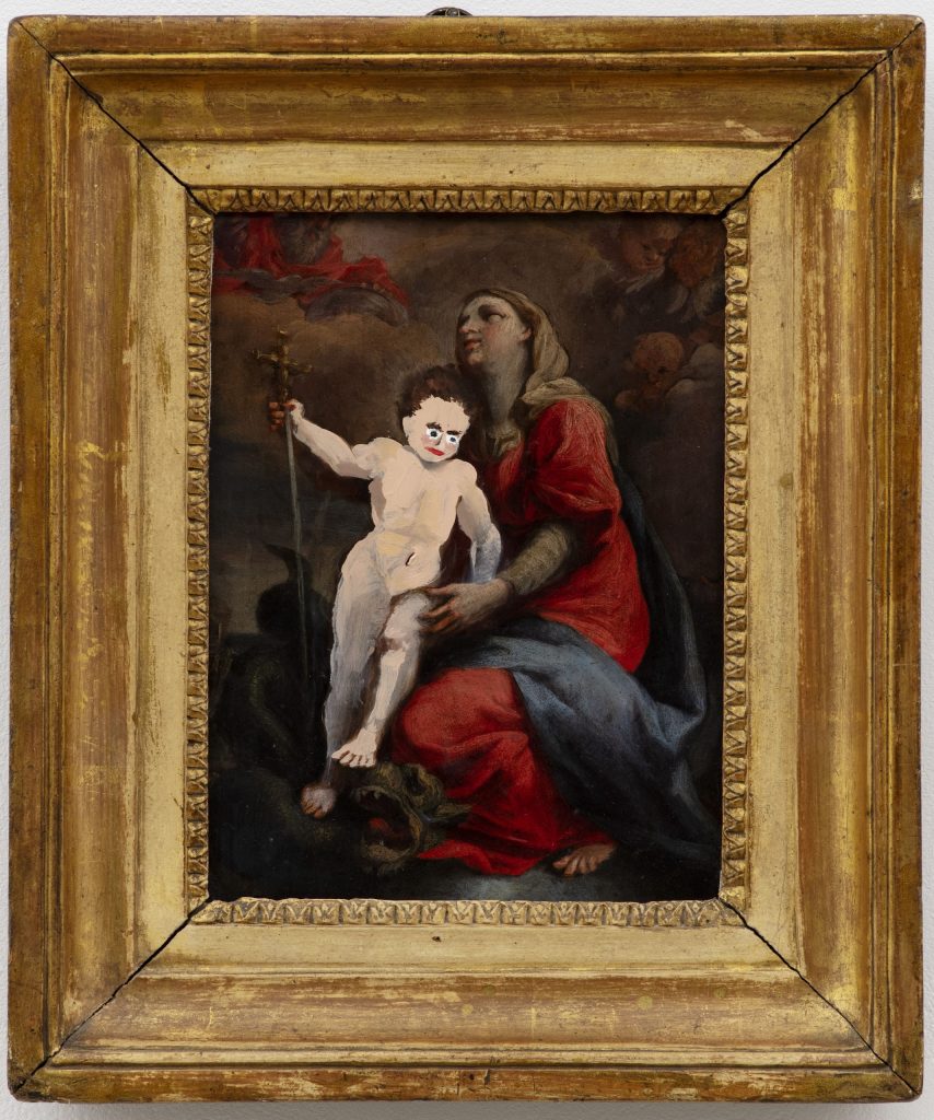 Antique painting of the Virgin Mary and the Christ child, with the child badly overpainted