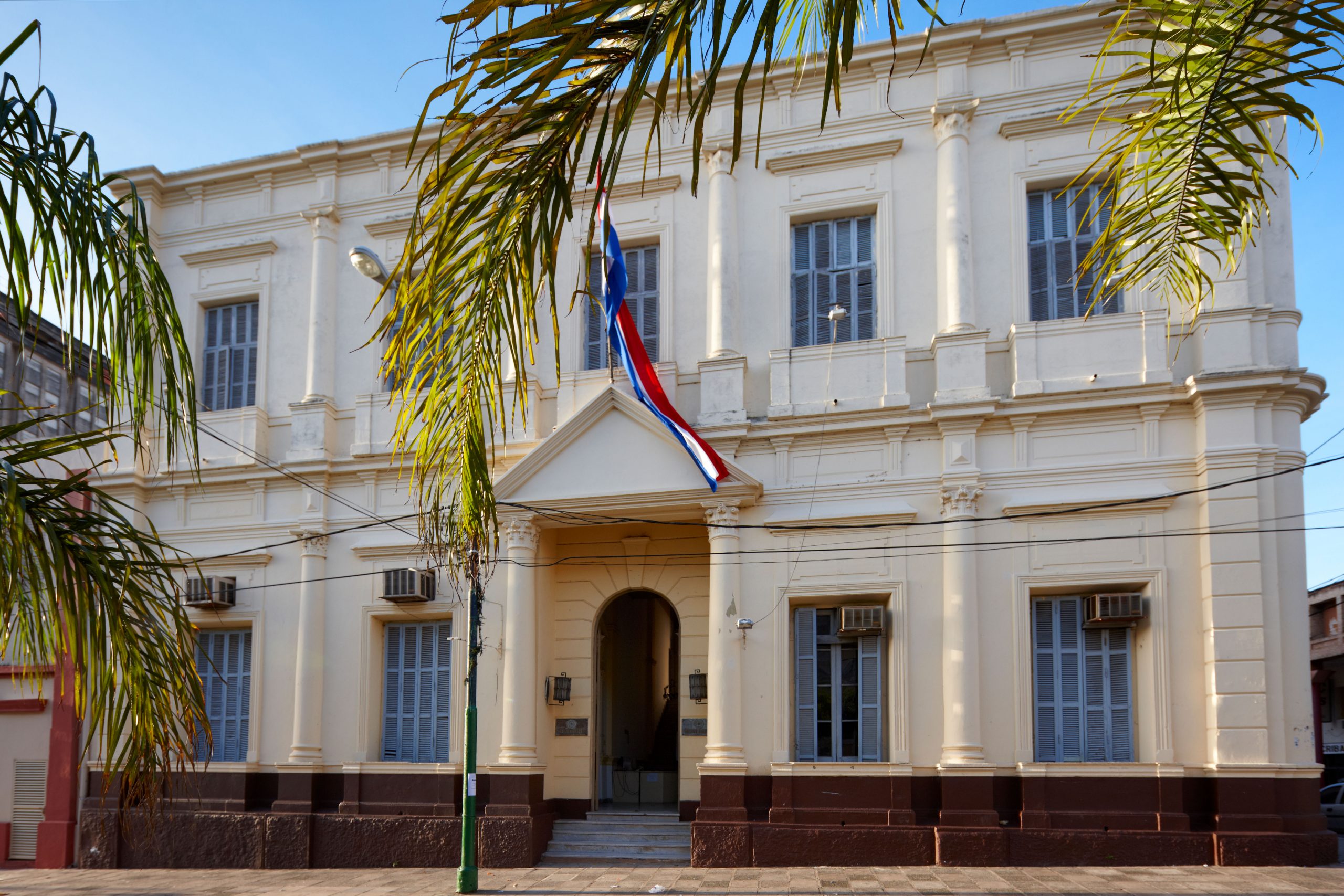 A photograph of a majestic white art museum against blue skies, partially obscured by a palm frond