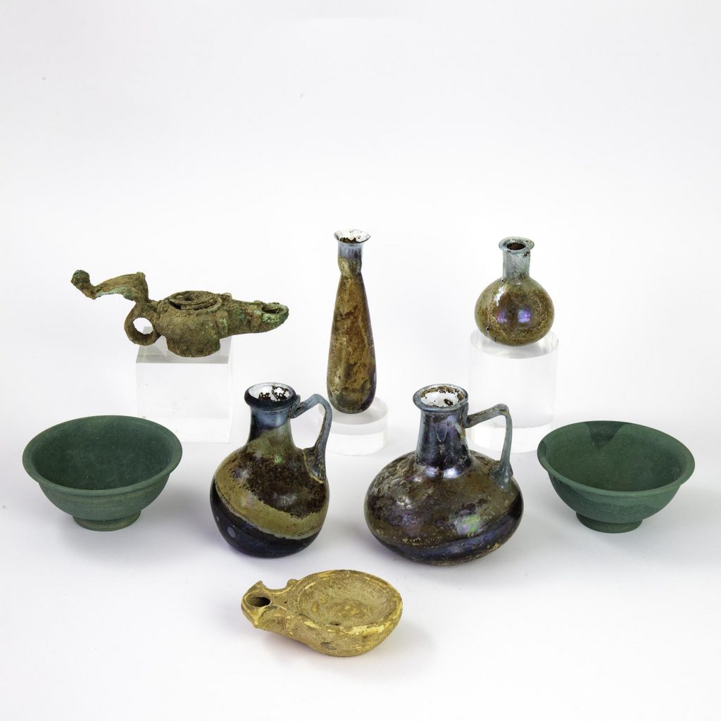 A selection of Roman vases and lamps.