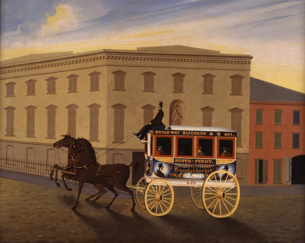 A watercolor of a colorful carriage being pulled by two horses along a New York street