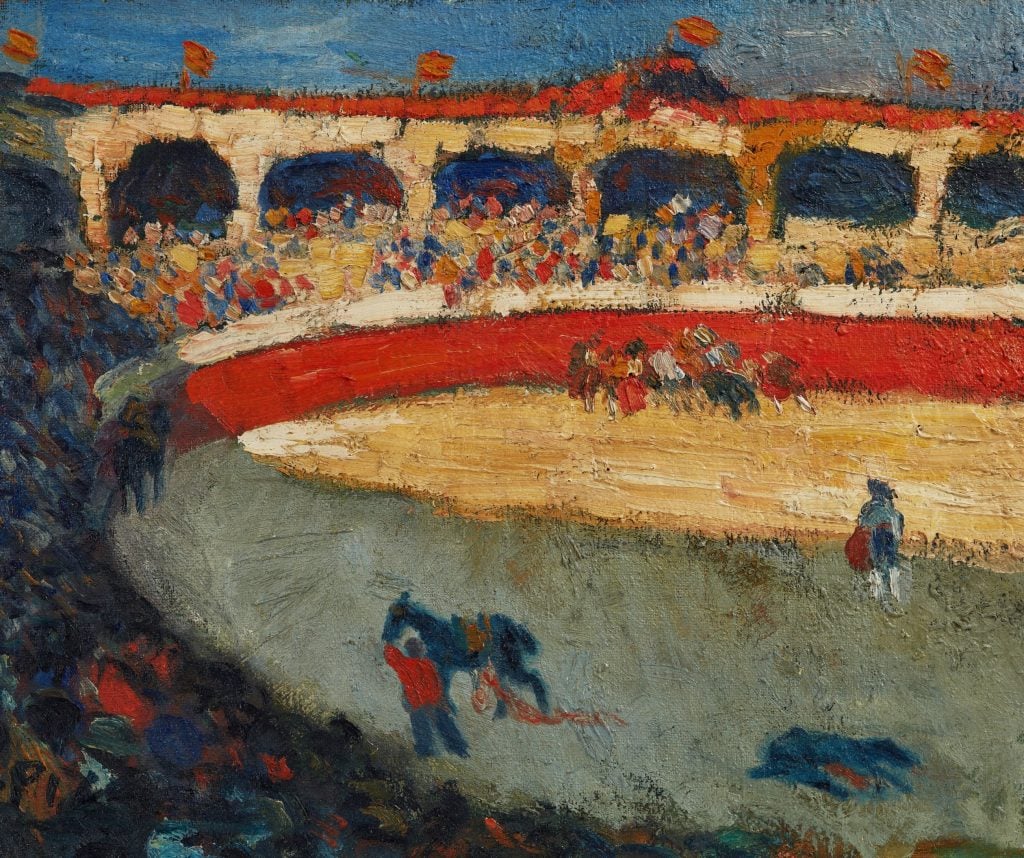 A painting of a bullfight in a stadium