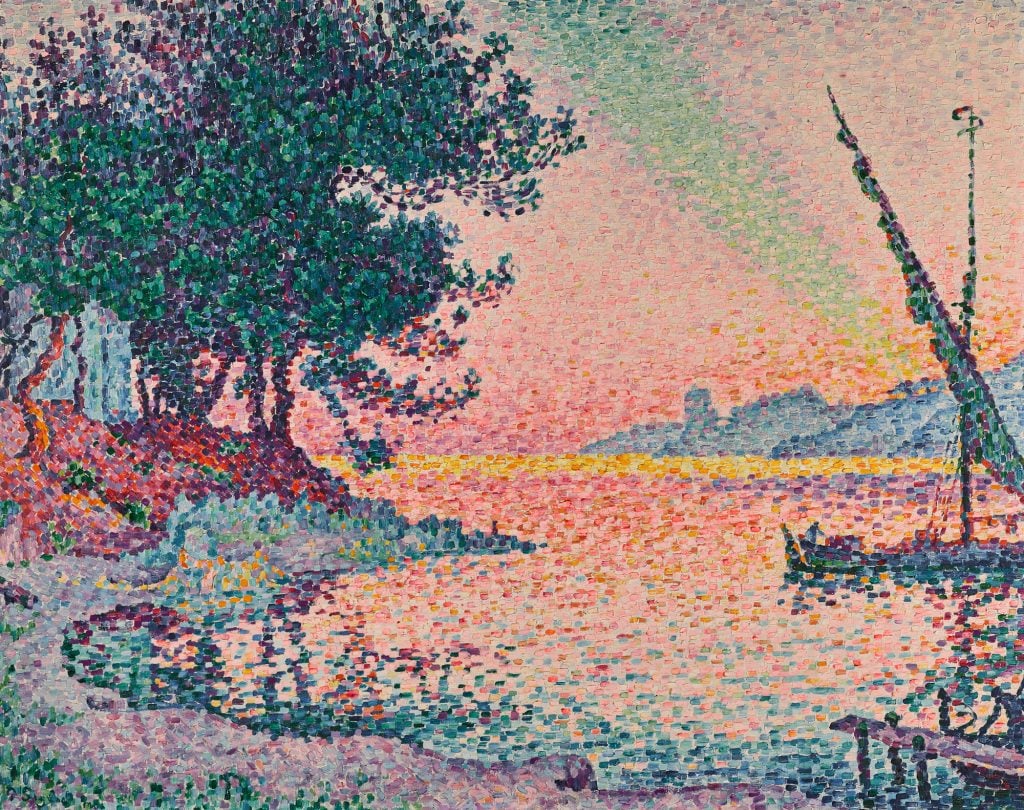 painting by paul signac of a ship near trees during sunset