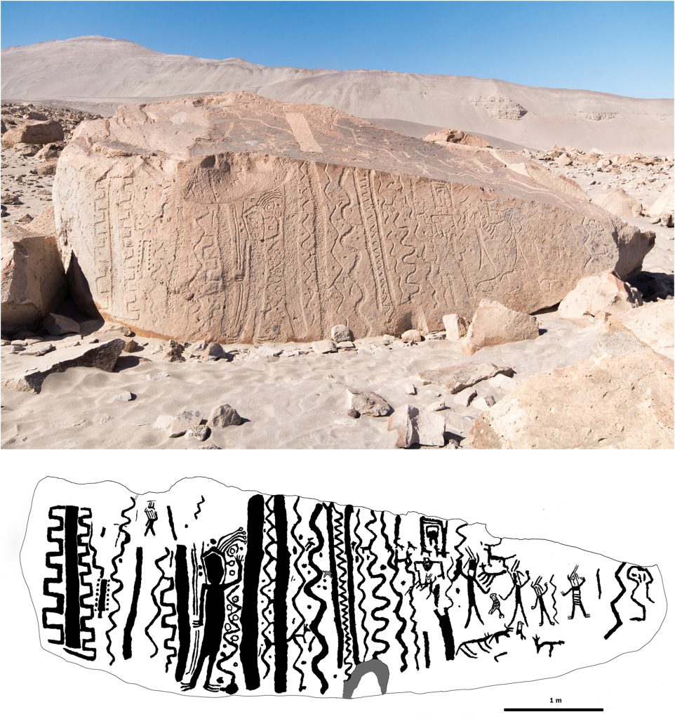 an image of the main rock art piece in Peru with an etching of the detail below