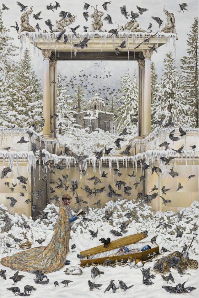 a snowy outdoor courtyard covered in birds