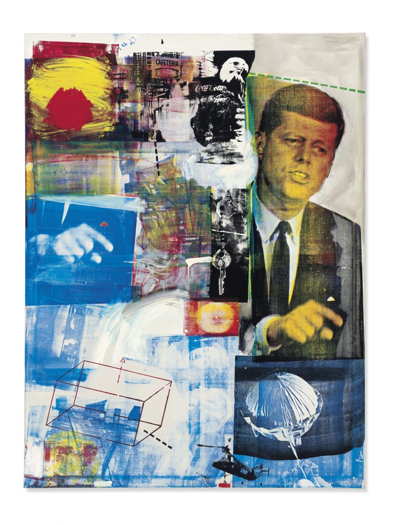 Robert Rauschenberg's 'Buffalo II' features a vivid, collage-like composition of mixed media and cultural imagery from the 1960s
