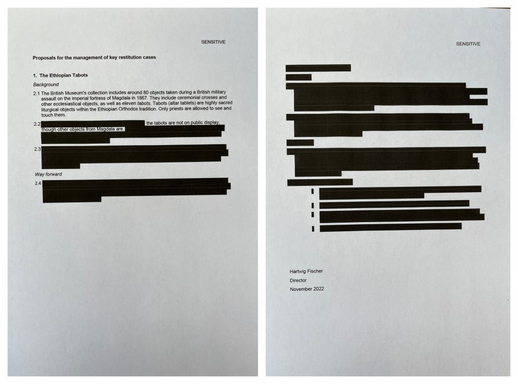 two pages of typed text side by side with most of the text redacted by thick black lines