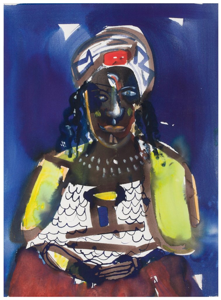A watercolor portrait of a black woman wearing a white head wrap and yellow cloack against a blue background.