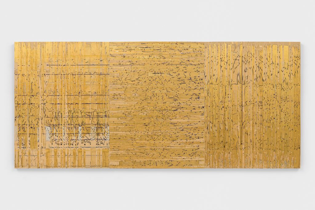 A triptych with each panel comprised of interwoven thin gold strips, included in the shows to see list.
