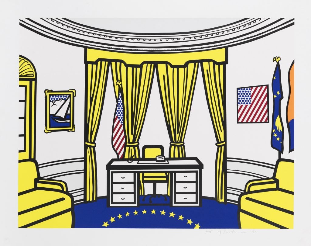 Interior view of the oval office in primarily white, yellow, and blue, with red details. All don in a cartoon, benday dot pattern.