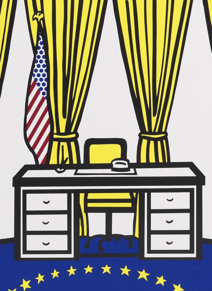 Interior view of the oval office in primarily white, yellow, and blue, with red details. All don in a cartoon, benday dot pattern.