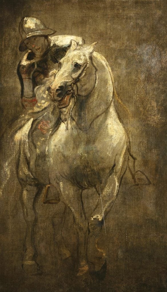This image depicts a figure on horseback, rendered with loose brushwork against a subdued background. The horse, in mid-stride, appears spirited, and is presented in a three-quarter view facing left. The rider wears a broad-brimmed hat and a ruffled collar, suggestive of 17th-century European attire. The impressionistic style conveys movement and a dynamic quality, even as both the rider and the horse appear composed. The color palette is limited, emphasizing earth tones.