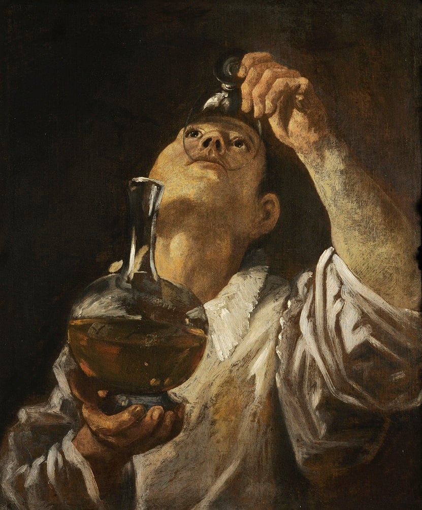  In this painting, a man is tilting his head back to pour a liquid into his mouth from a small glass vial, holding a transparent bulbous flask filled with a dark amber liquid in his other hand. His gaze is fixed on the vial, and light illuminates his face, the vial, and the flask, creating a stark contrast with the dark background. The man’s attire seems to be from a bygone era, possibly indicating the painting’s historical context. 