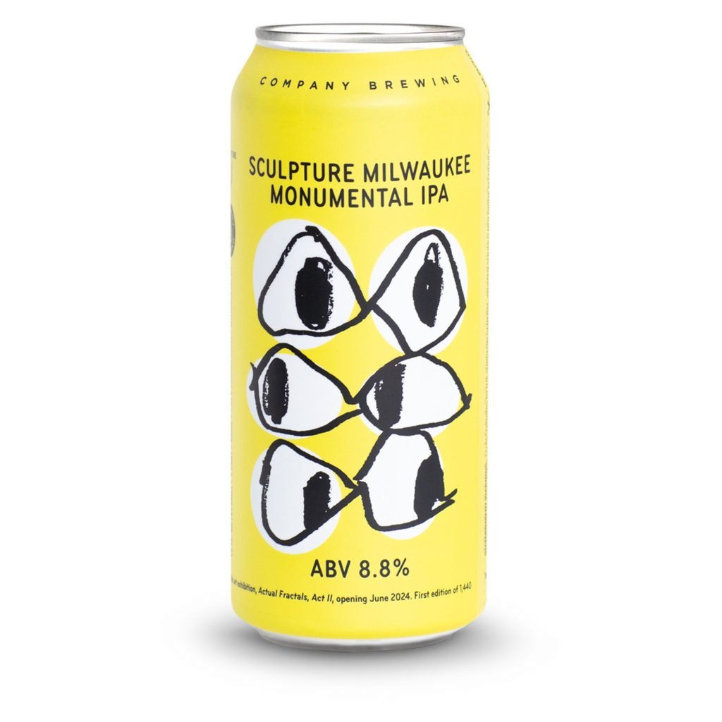 A beer can featuring a design of six eyes on a yellow background
