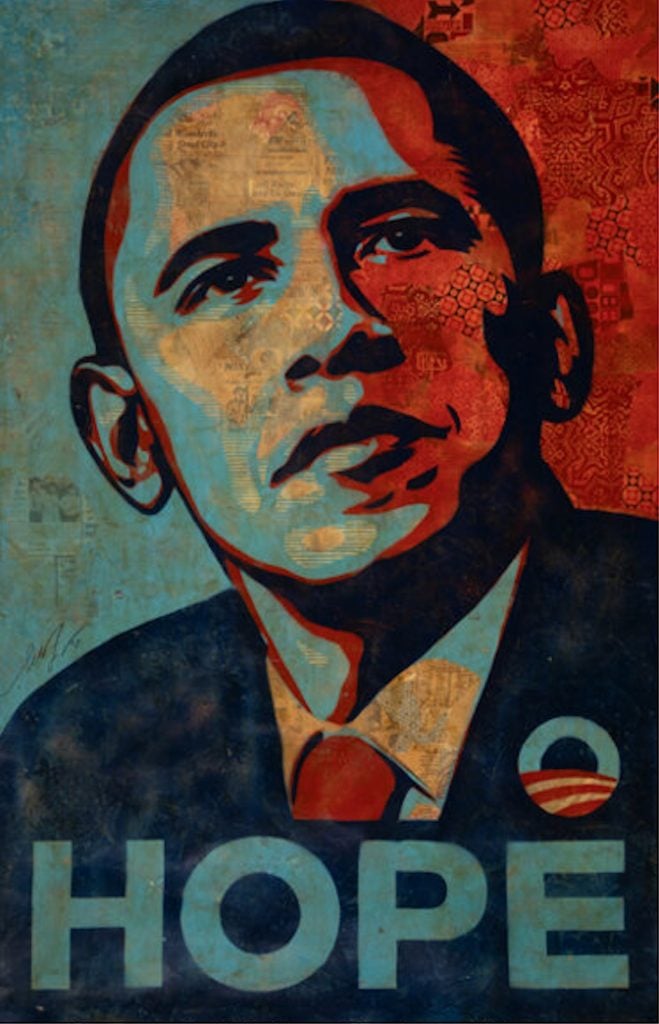 An artwork showing the face of Barack Obama and the word 