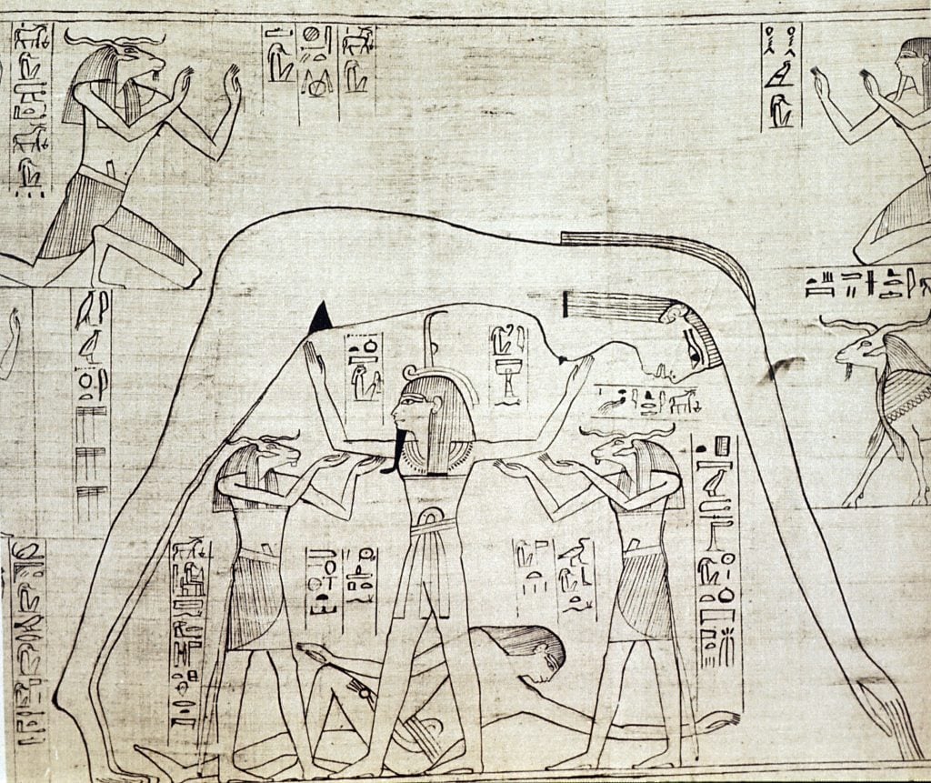Nut stretches over her brother the embodiment of the earth on a papyrus drawing