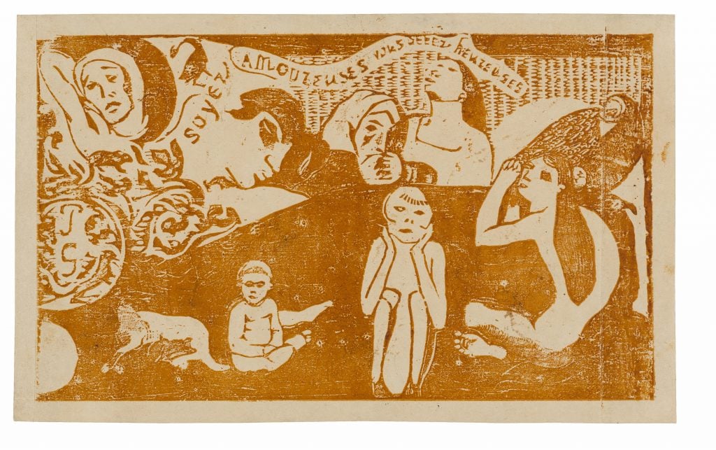 a woodblock print in orange showing ambiguous figures of differnet ages sitting around