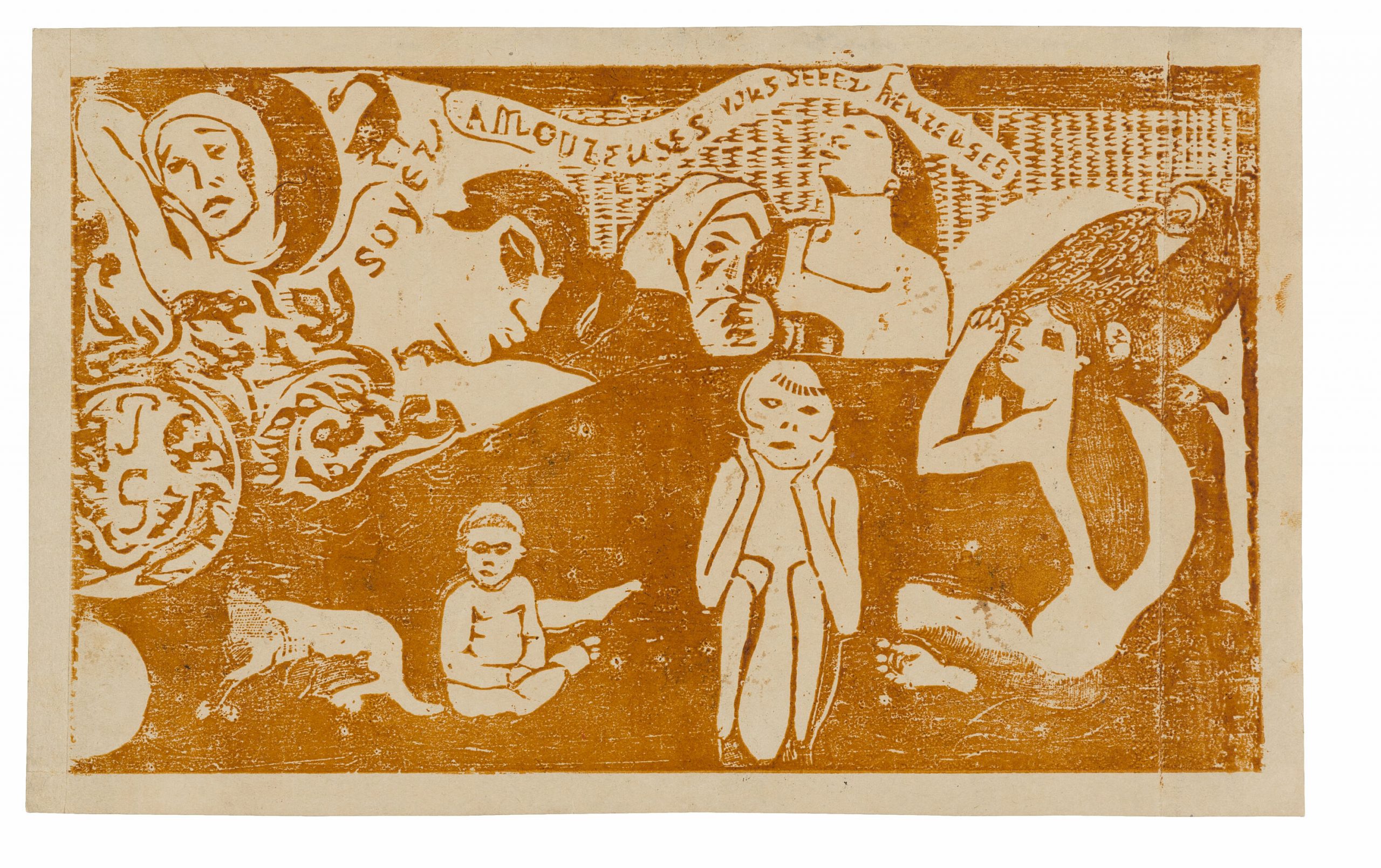 a woodblock print in orange showing ambiguous figures of differnet ages sitting around