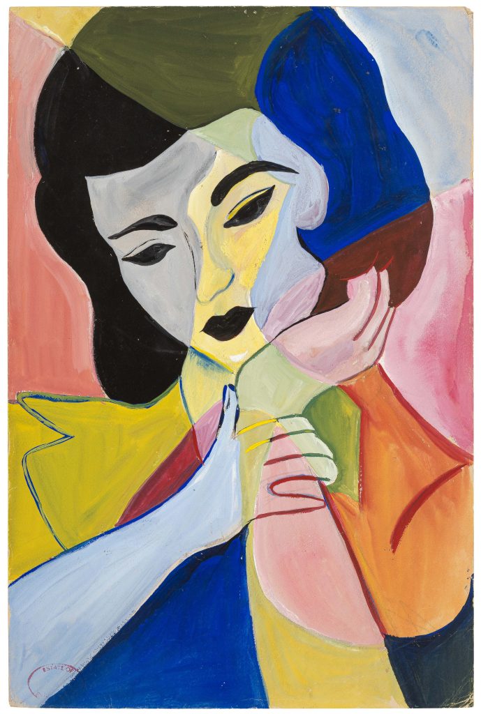 a painting by Sylvia Plath of a young woman holding hand to face