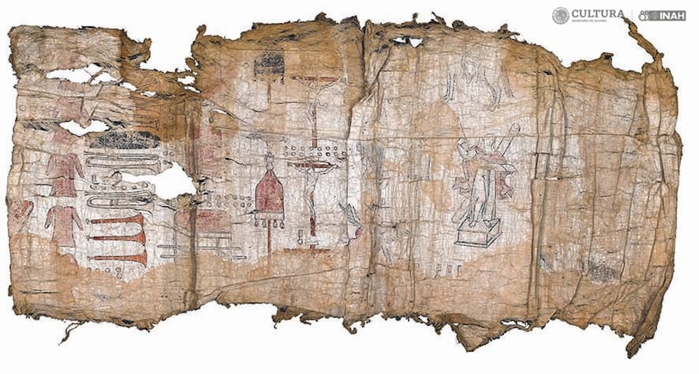 A scan of a worn long strip of parchment containing a faded, illustrated inventory of a bygone church in mostly red, brown, and black ink