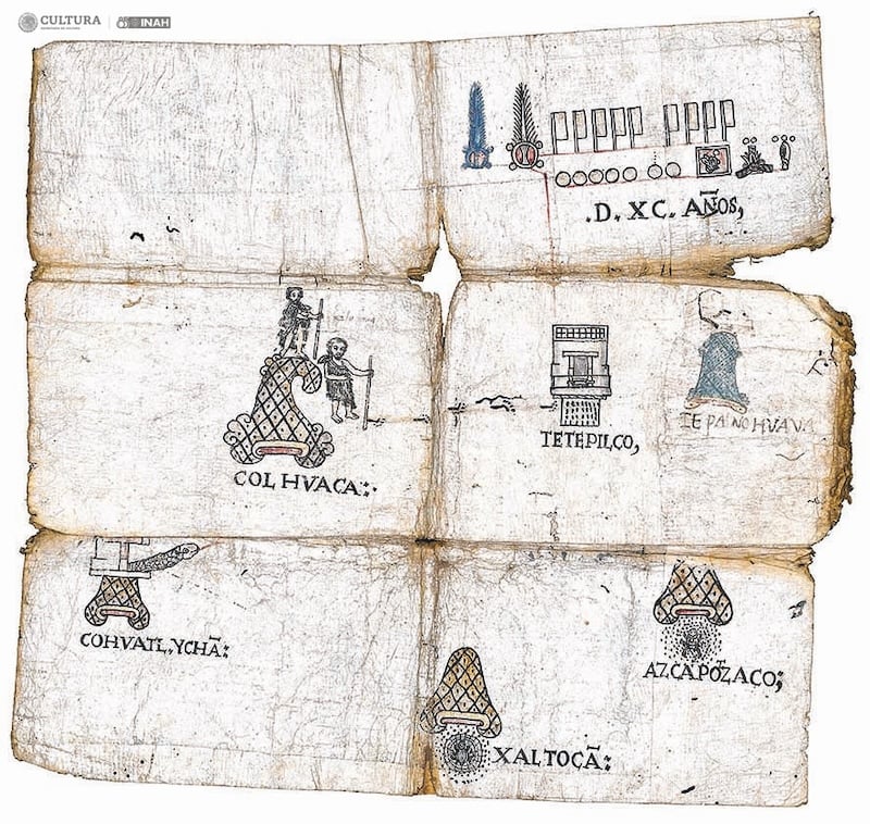 A scan of six worn rectangular panels with words and pictures recounting the history of an old Aztec capitol