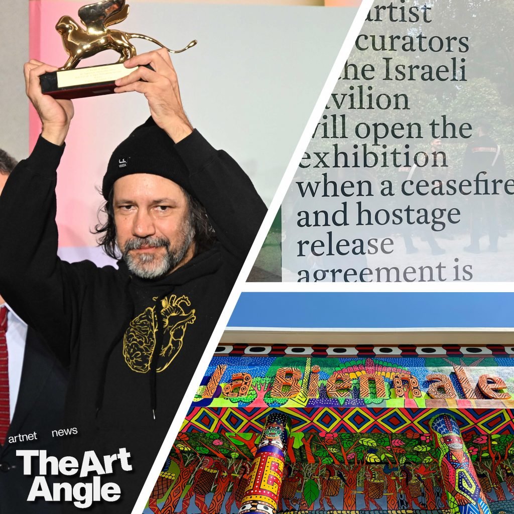 From left: Golden Lion winner Archie Moore during the Art Biennale. Photo: Felix Hörhager/picture alliance via Getty Images; Closure notice hangs in the window of the Israel Pavilion. Photo: Jo Lawson-Tancred; the facade of the central pavilion curated by Adriano Pedrosa. Photo: Ben Davis.