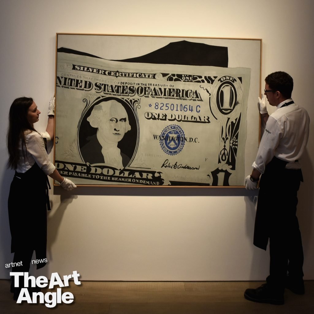 two people holding up andy warhols silver certificate
