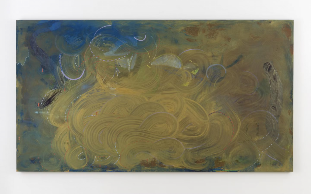 an abstract canvas that at first glance looks mostly yellow but is actually composed of blues, purples, brown, green, and orange