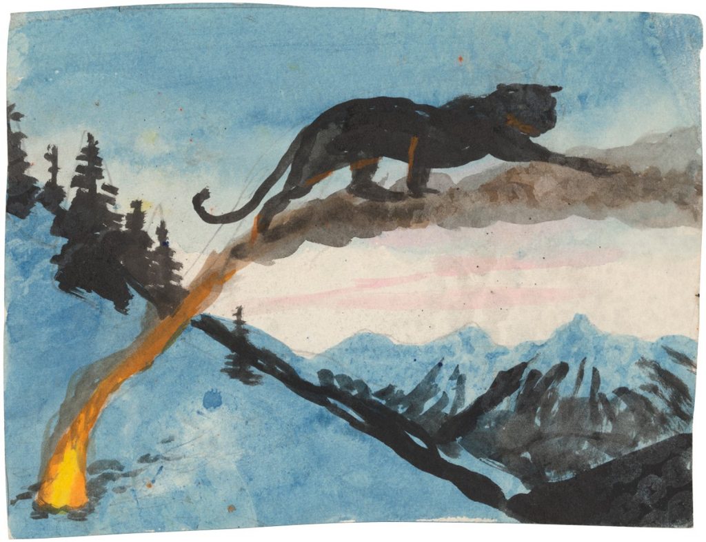 a watercolor of a black panther scaling a plume of black smoke coming from a fire in the bottom corner of the scene