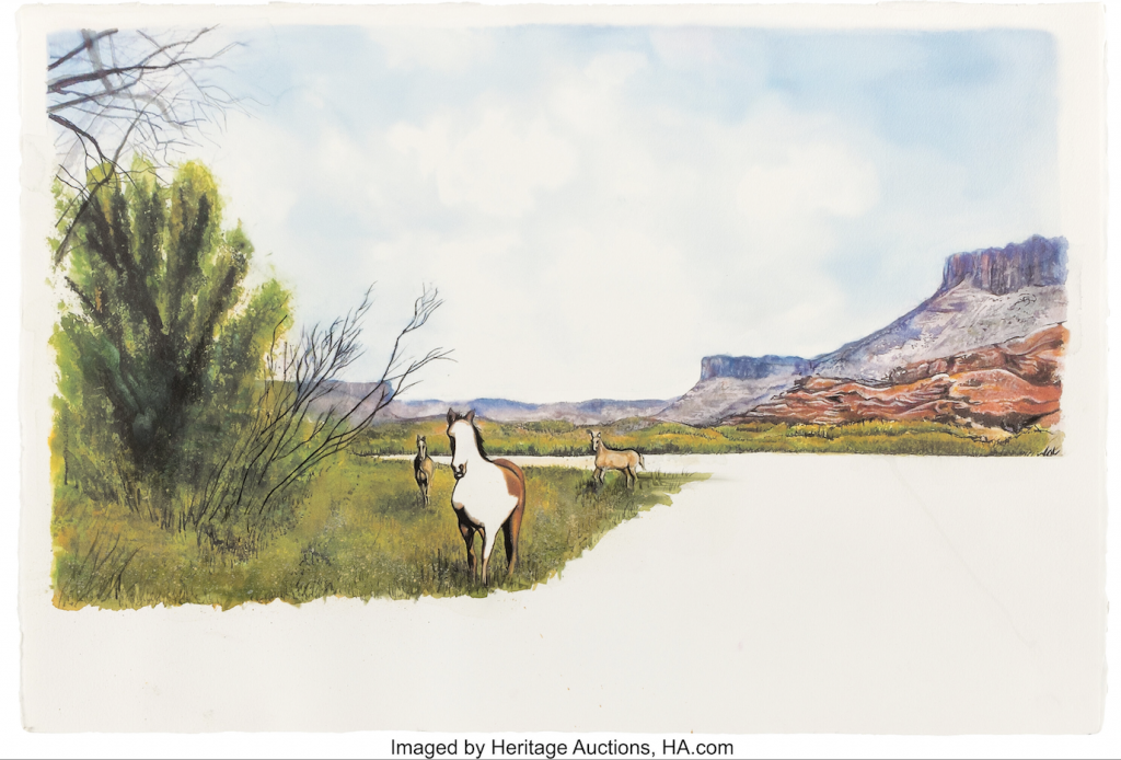 A scanned image of an unfinished watercolor painting depicting horses amongst greenery by a river with rock formations in the background