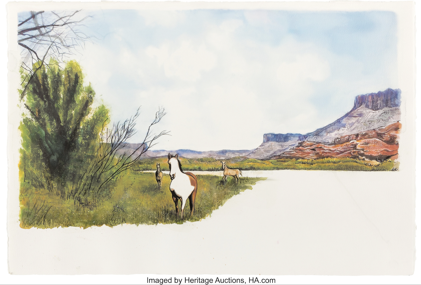 A scanned image of an unfinished watercolor painting depicting horses amongst greenery by a river with rock formations in the background