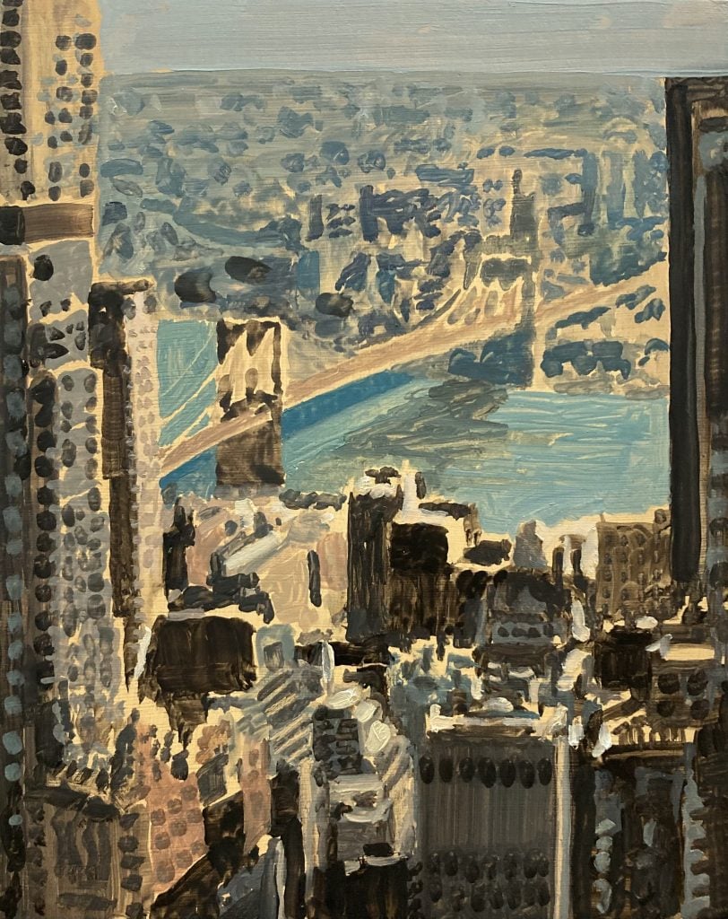 A watercolor New York cityscape featuring the Hudson river and view of the Brooklyn Bridge in muted browns and blues, to be featured by Et al. gallery at NADA New York.