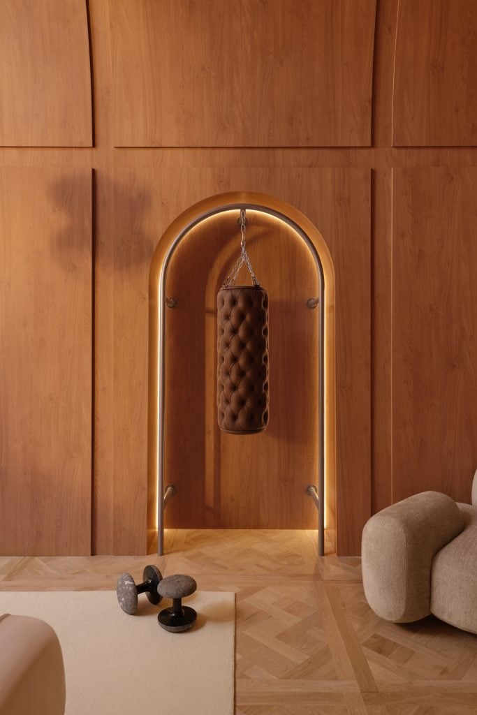 An alcove installed with a punching bag.