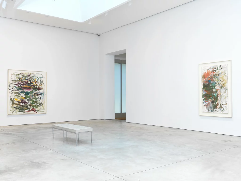 A color photo shows two gestural, abstract paintings on white walls