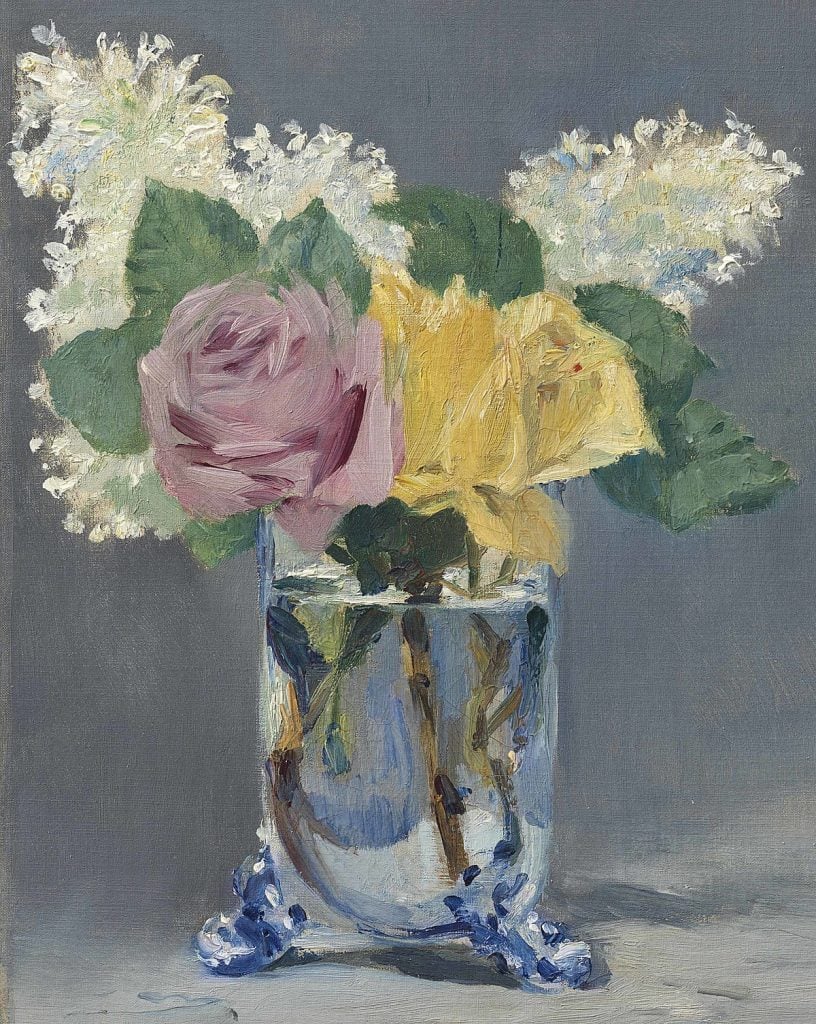 A color photo shows a painting of flowers in a vase.