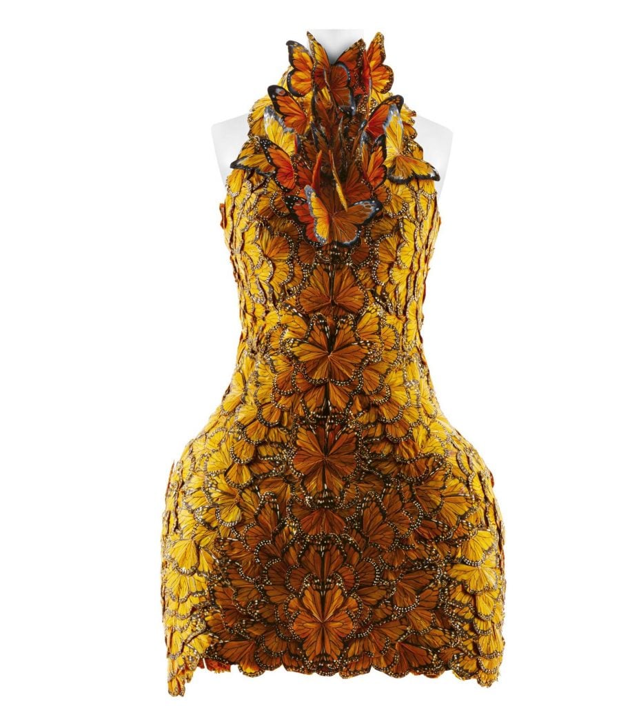 a dress that looks like a swarm of monarch butterflies