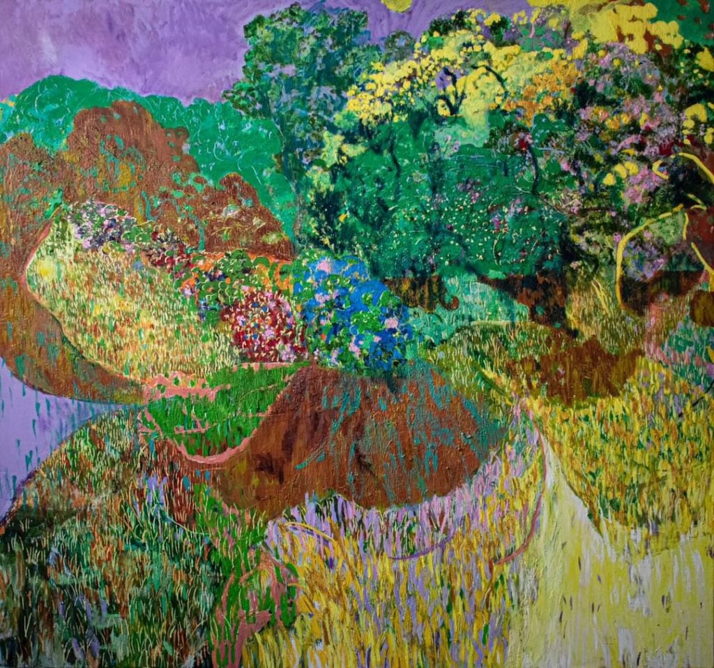 A colourful abstract painting, in various shades of green against a purple backdrop.