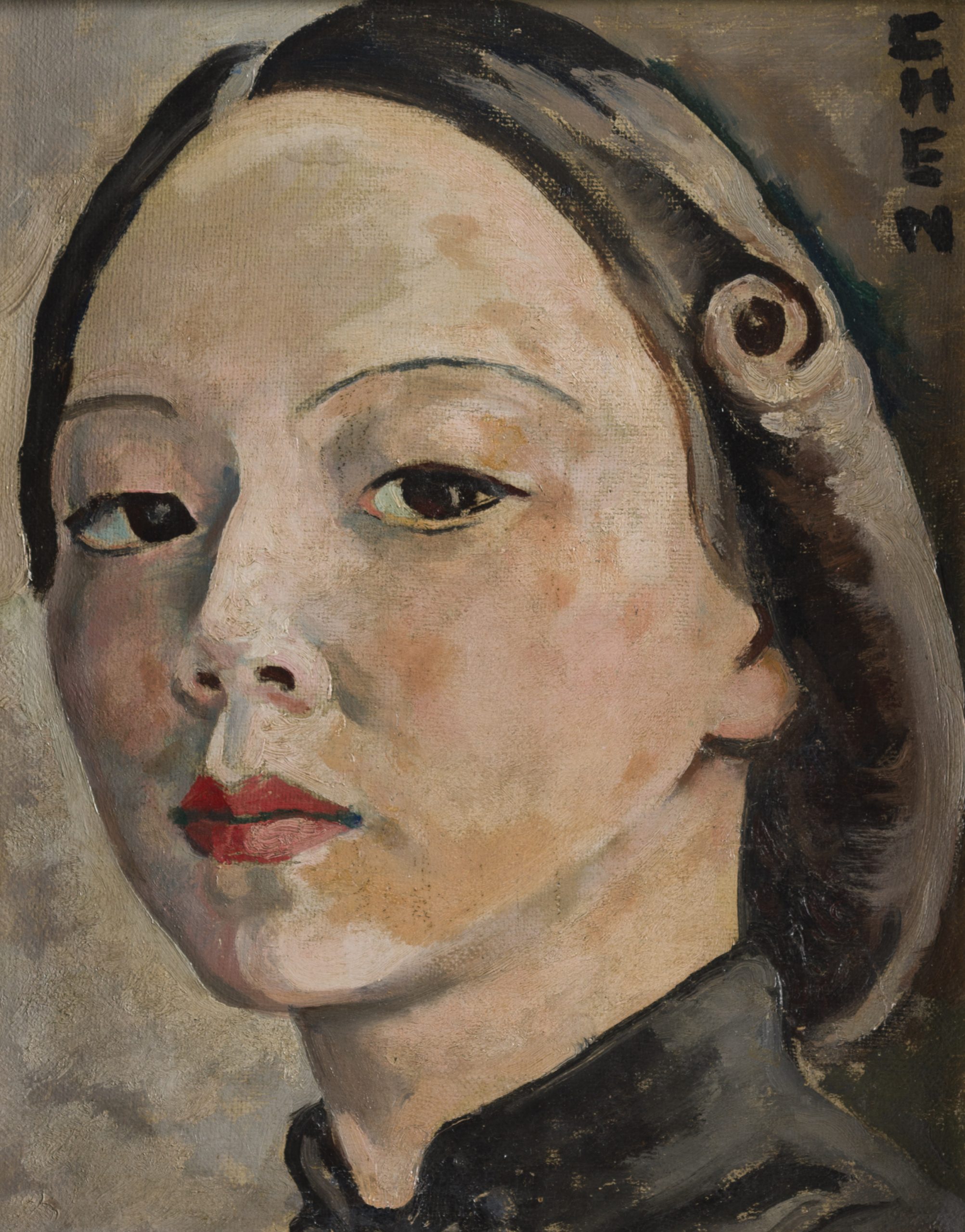 From the collection of the national gallery of singapore, a closeup headshot portrait of a woman with red lipstick and curled hair.