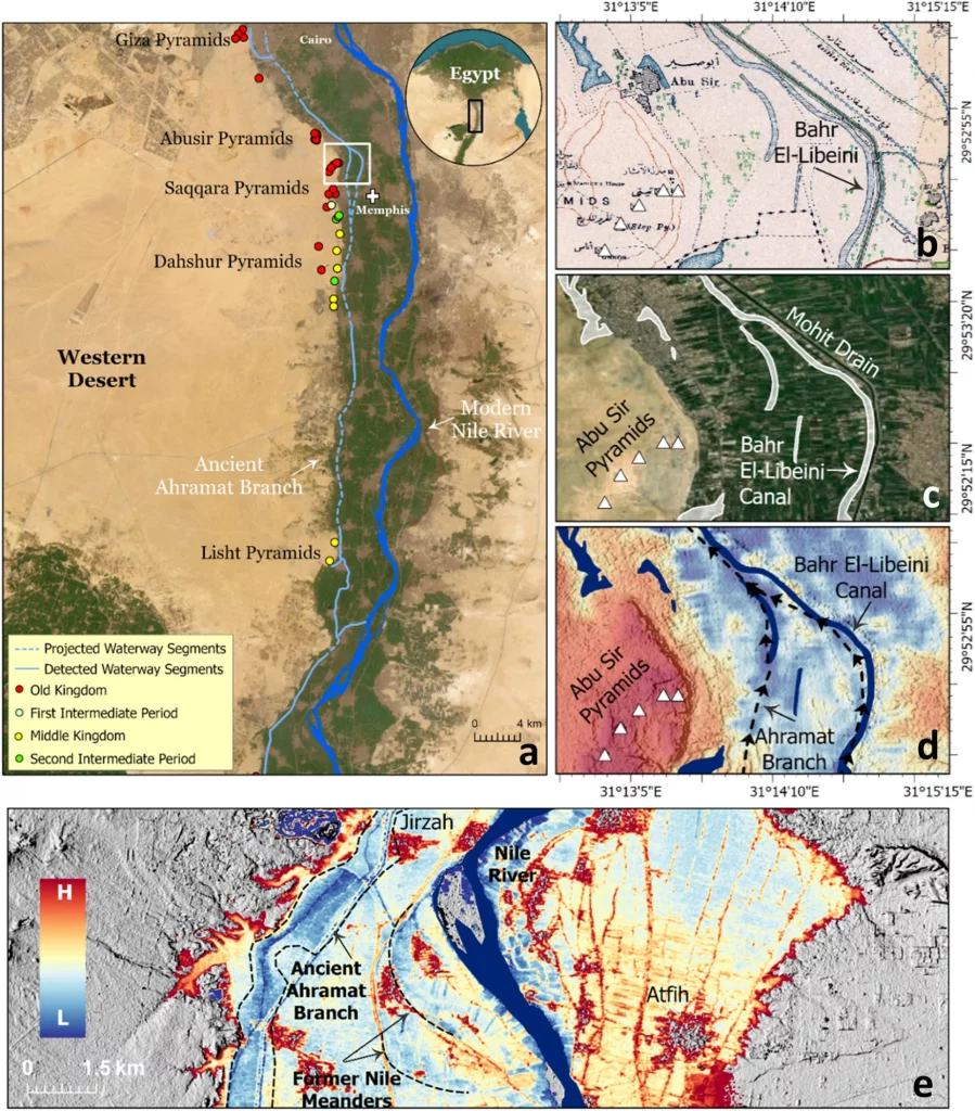 A compilation of colour maps showing a river move eastwards