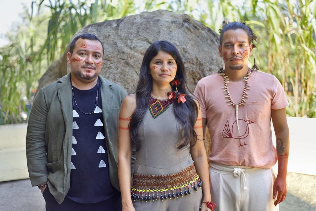 Curators Denilson Baniwa, Arissana Pataxo, and Gustavo Caboco Wapichana. Photo: Cabrel. Courtesy of the São Paulo Biennial Foundation