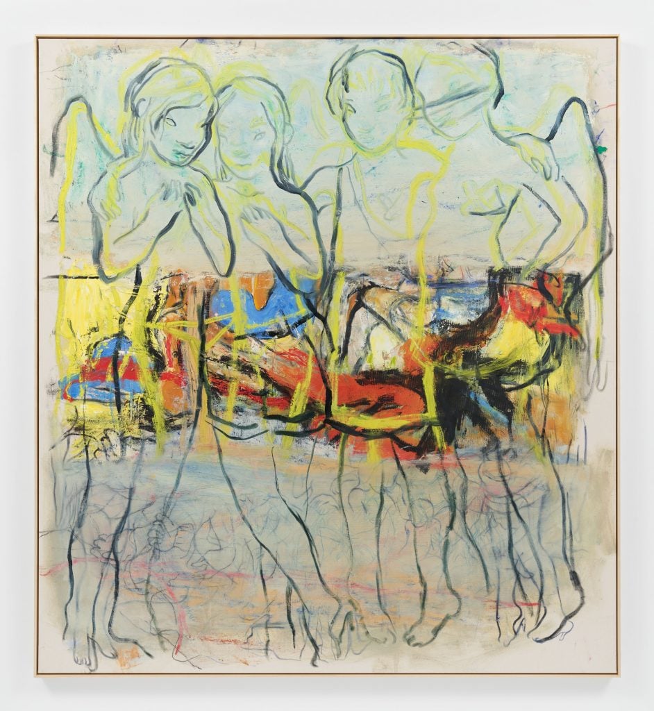 four angelic figures are obscured by abstraction in a Rita Ackermann painting 