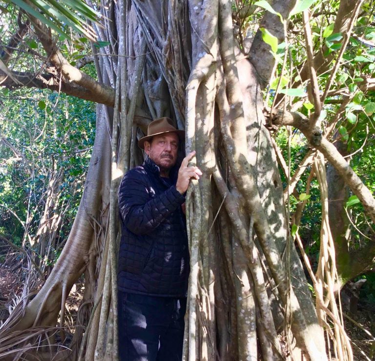 picture of artist alan sonfist standing with a tree