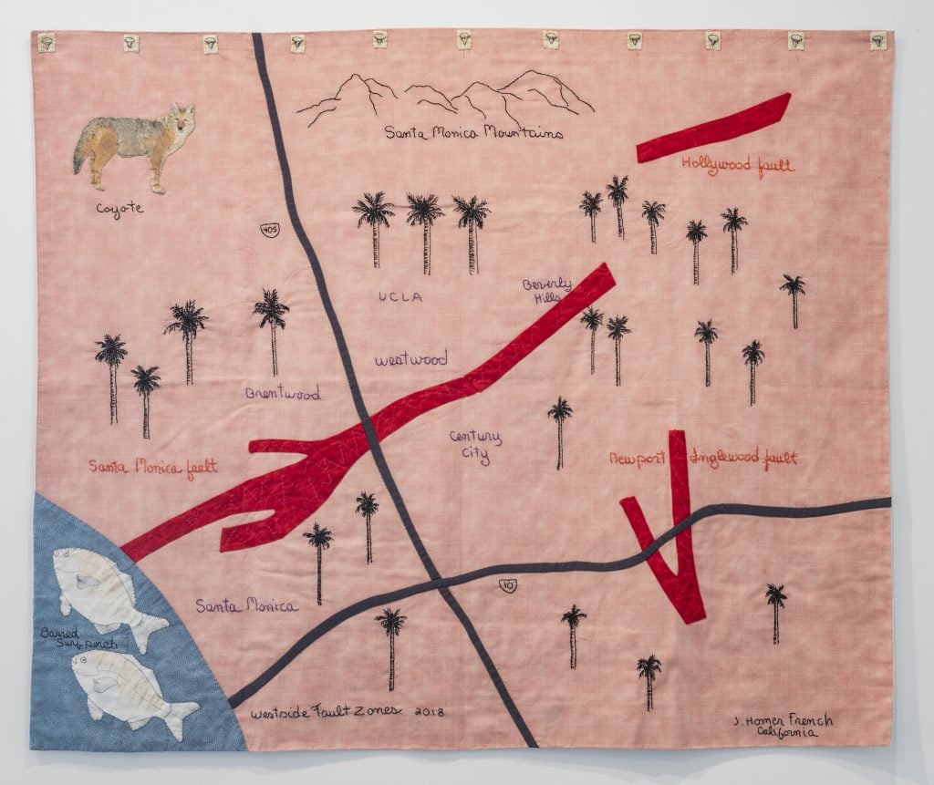 a tapestry artwork with a pink background showing neighborhoods of Los Angeles